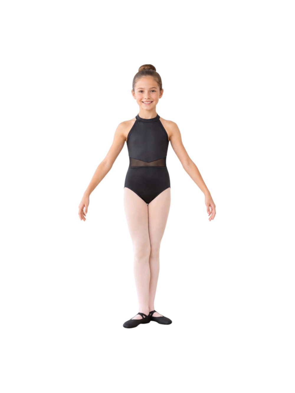 Girls Black High Neck Mesh Cutout Dance Leotard Size 10Y